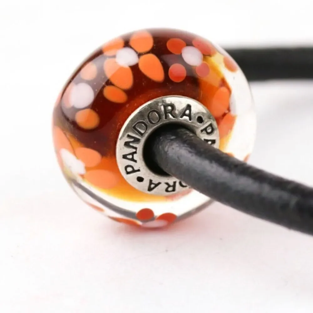 Pandora Orange Blossoms Glass Bead Leather Cord Bracelet!
